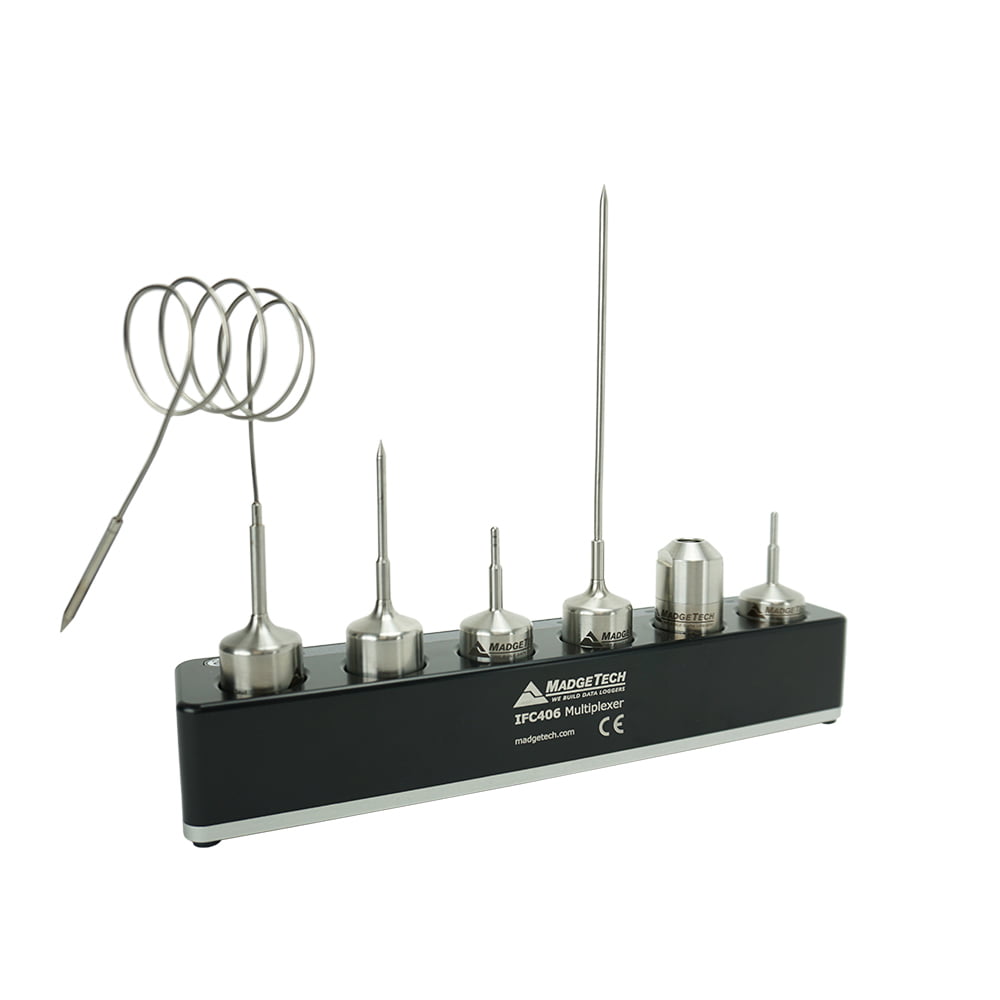 MadgeTech IFC406 Multiplexer Data Logger Interface top view with 6 data loggers placed.