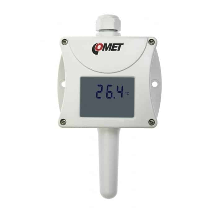 COMET T0110 4-20mA temperature transmitter with LCD display.